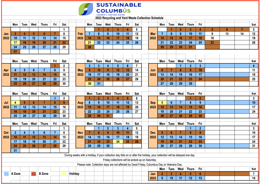 Columbus Trash Schedule 2022 (Holidays recycling bulk pickup)